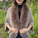 Women Winter Knitted Shawl with Faux Fur Collar Fringe Sweater Ponchos Long Fashion Warm Wraps Elegant Batwing Cardigan Cape Top