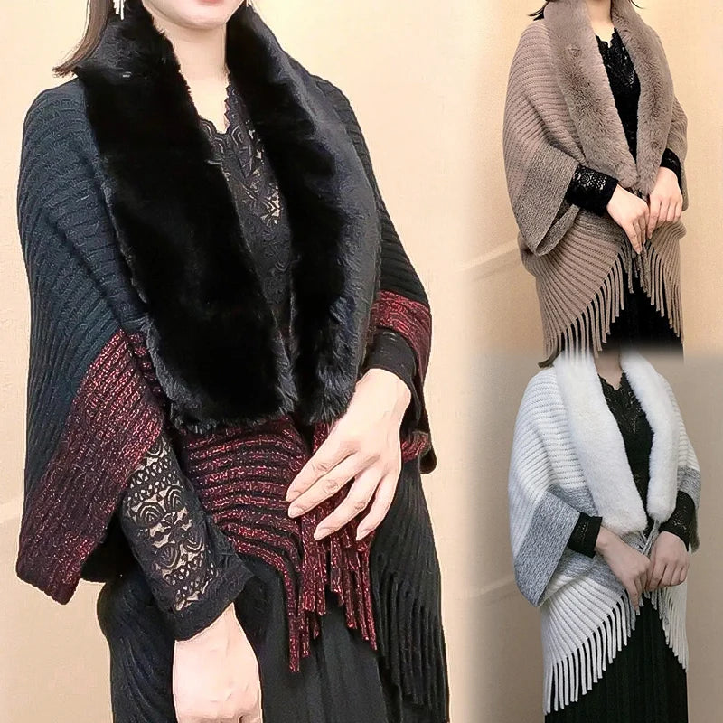 Women Winter Knitted Shawl with Faux Fur Collar Fringe Sweater Ponchos Long Fashion Warm Wraps Elegant Batwing Cardigan Cape Top