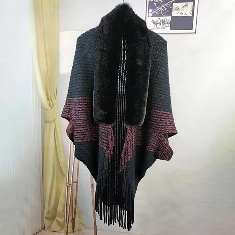 Women Winter Knitted Shawl with Faux Fur Collar Fringe Sweater Ponchos Long Fashion Warm Wraps Elegant Batwing Cardigan Cape Top