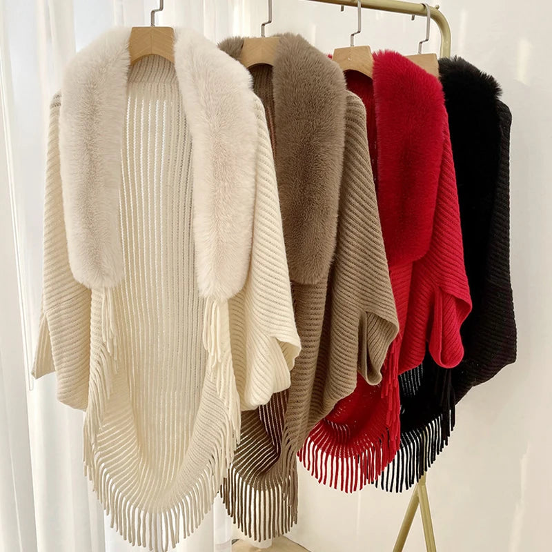 Women Winter Knitted Shawl with Faux Fur Collar Fringe Sweater Ponchos Long Fashion Warm Wraps Elegant Batwing Cardigan Cape Top