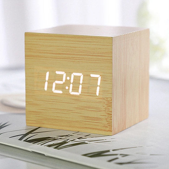 Wooden Digital Alarm Clock with Temperature Cube, Art Ornaments, Decoration Supplies, USB/AAA Powered, Electronic Desktop Clocks