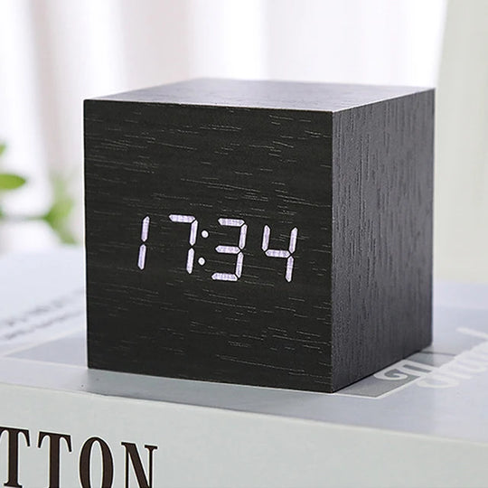 Wooden Digital Alarm Clock with Temperature Cube, Art Ornaments, Decoration Supplies, USB/AAA Powered, Electronic Desktop Clocks