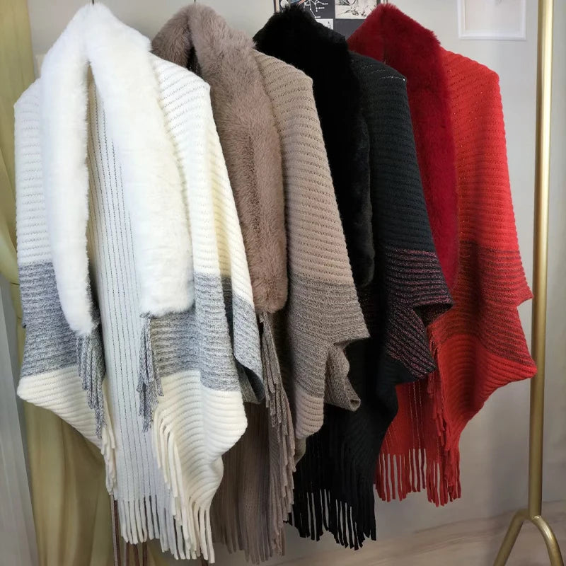 Women Winter Knitted Shawl with Faux Fur Collar Fringe Sweater Ponchos Long Fashion Warm Wraps Elegant Batwing Cardigan Cape Top