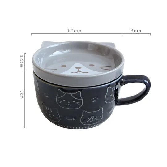 Japanese Cartoon Cat Coffee Mug with Cat Pattern Lid Small Dish Cute Breakfast Cup Creative Coffee Cup Milk Cup Gift for Girl