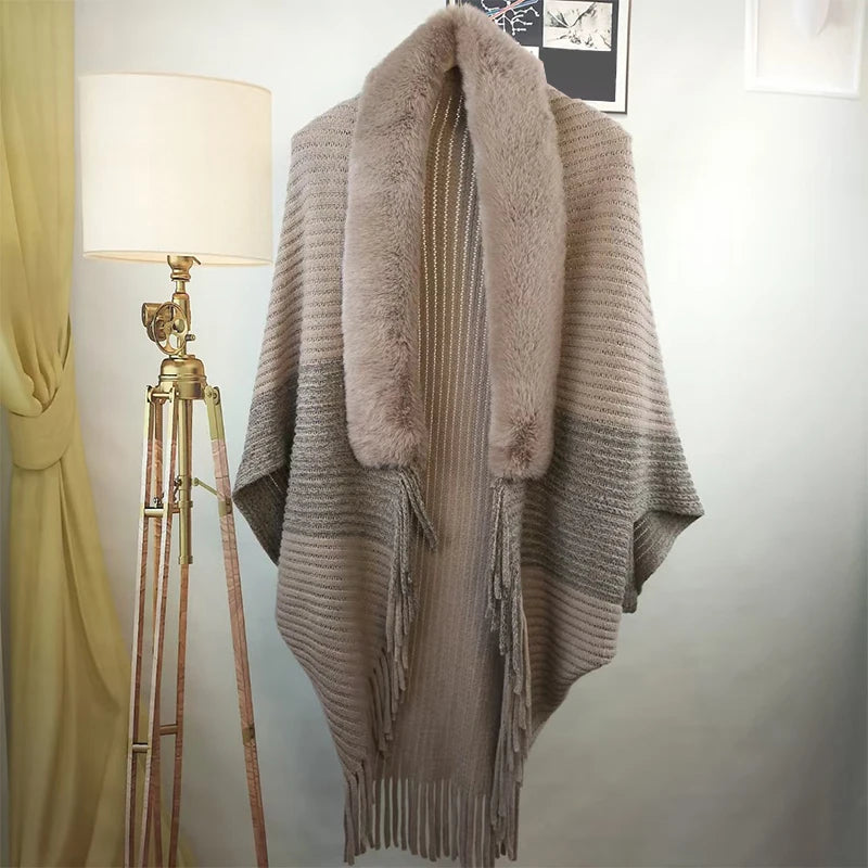 Women Winter Knitted Shawl with Faux Fur Collar Fringe Sweater Ponchos Long Fashion Warm Wraps Elegant Batwing Cardigan Cape Top